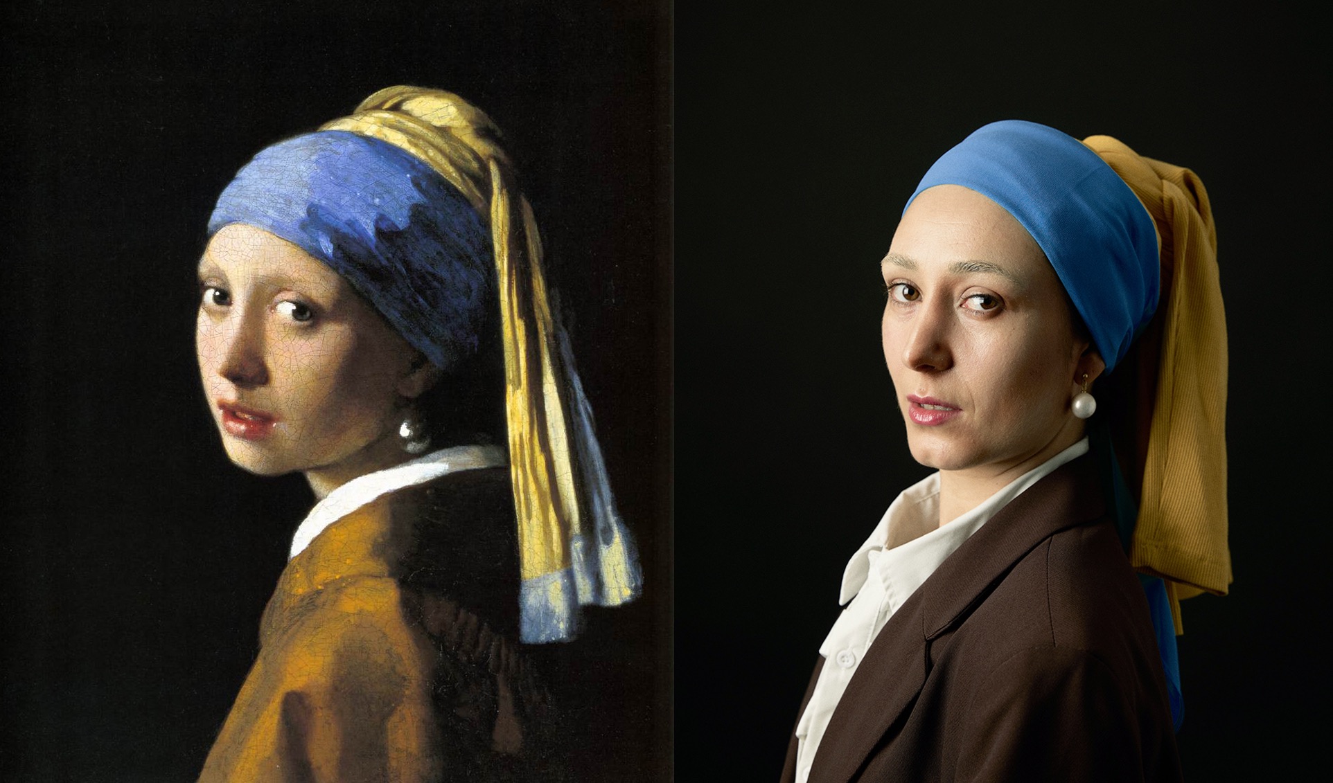 Editorial diptych recreating a classical painted portrait, with soft sculpted makeup, blue headwrap and pearl earring.