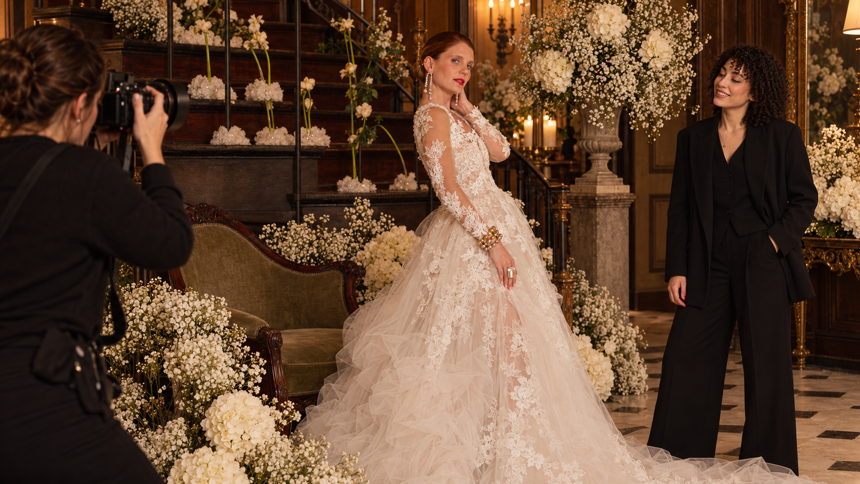 A photographer captures a red-haired bride while Mae smiles beside her.