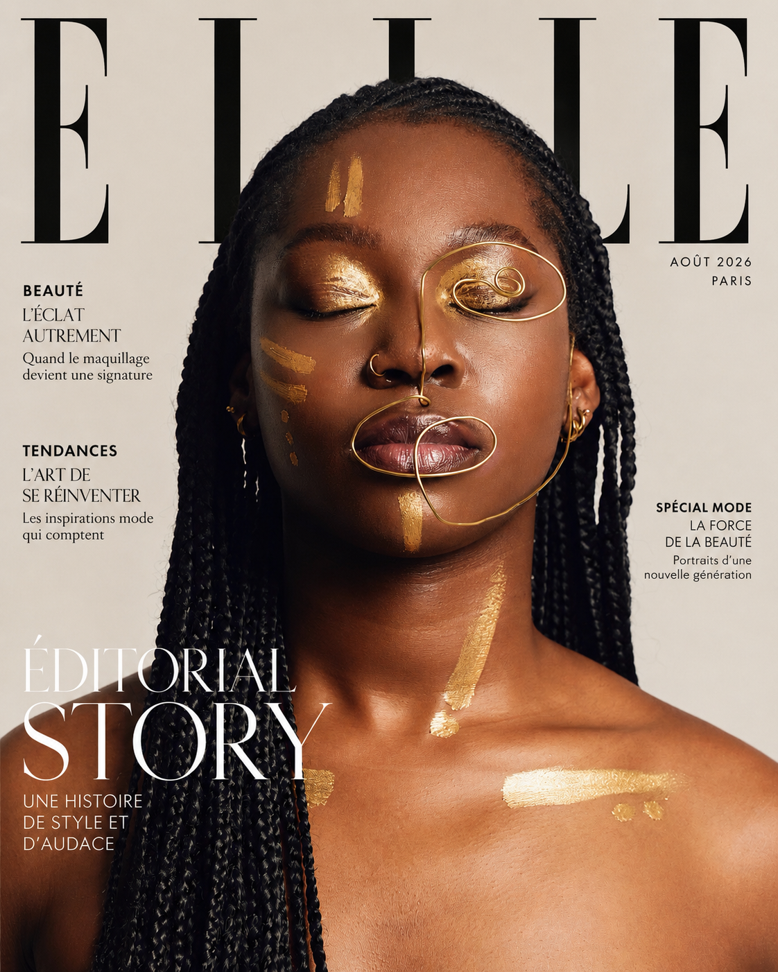 Magazine cover image showing a beauty look with gold brushstrokes on the face and shoulders, gold wire face jewellery and glossy lips.